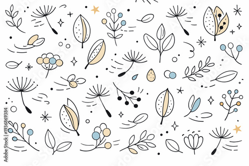 Dry plants and seeds. Abstract botanical pattern inspired by seed dispersal, soft repeating shapes and calm rhythm conveying nature?s quiet cycles. Minimalist