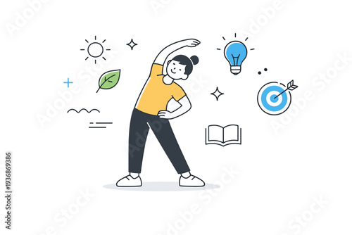 Active and mindful living. A friendly minimal scene combining light exercise and mental well-being. A character stretches or walks calmly, surrounded by
