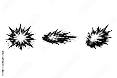 Monochrome halftone dynamic impact burst shown as a single object presented in three views: front view, side view, and three-quarter view. Black and white dot