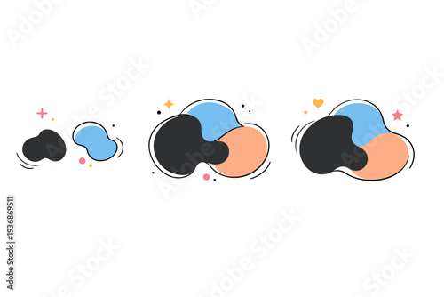 Abstract ink transition shapes. Flowing ink blobs merging and separating, showing gradual transformation and visual rhythm. Modern and elegant motion-inspired