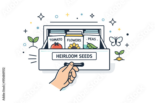 Seed library drawer system. A hand pulls open a labeled drawer filled with packets of heirloom seeds, floating dots and stars emphasizing order, biodiversity,