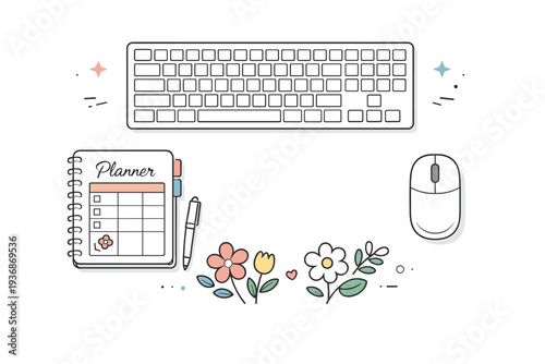 Minimal spring workspace flat lay. A keyboard, mouse, planner, and simple floral accents arranged symmetrically, calm and modern look. The scene highlights