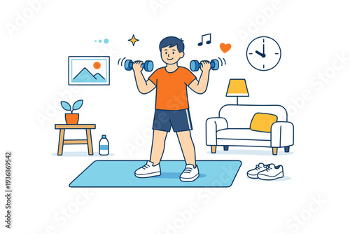 Home fitness micro-workouts illustration. A calm editorial scene showing a person doing a short exercise routine with dumbbells and a yoga mat in a small