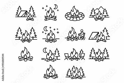 Outdoor Campfire. Line icon set of Outdoor Campfire: forest campsite, fire under stars, campfire circle, wilderness fire, night sky camp, outdoor relaxation,