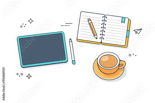 Flatlay with creative tools. Desk setup showing tablet, pen, notebook, and coffee cup in minimalist top-down composition, suggesting productivity and calm