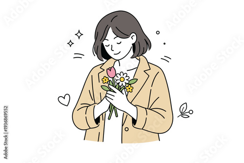 Women with flowers in coats in quiet moments. A woman pauses while holding flowers close to her chest, coat slightly open. Soft sense of warmth, care, and
