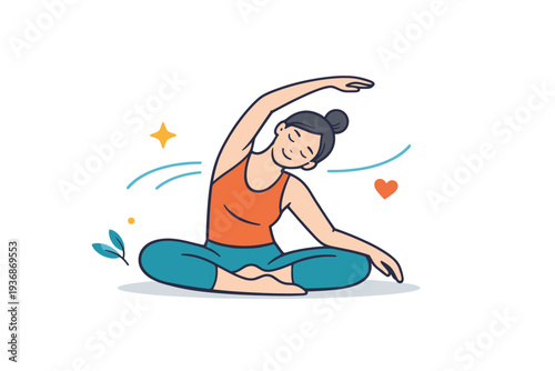 Gentle fitness focusing on soft movement and body kindness, shown through a relaxed figure stretching calmly with subtle flow lines suggesting ease and