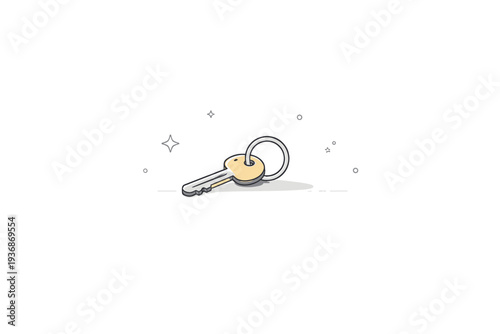 Keys on tables. Minimal desk or tabletop scene with a single key or small keyring placed gently, surrounded by empty space. Visual symbol of access, presence,