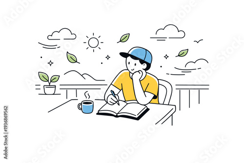 Creative writing during summer mornings. Writer outdoors on a balcony or terrace, notebook open, leaves and light clouds drifting around. Fresh air and slow