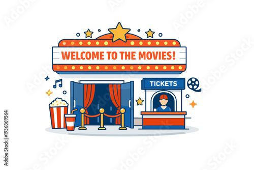Movie theater entrance illuminated marquee and ticket booth welcoming visitors, expressing anticipation, entertainment and the excitement of a shared cinema