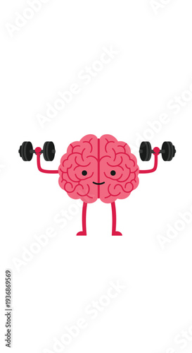 A playful illustration features a cartoonish pink brain, anthropomorphized with small arms and legs, actively lifting a black dumbbell in each hand.