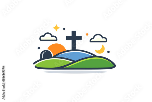 Cemetery peaceful landscape represented by rolling ground shapes, a cross silhouette, and calm sky elements, evoking serenity, rest, and timeless stillness.