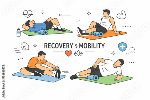 Football preseason conditioning. Recovery and mobility work after practice, players stretching on mats with foam rollers, calm cooldown and injury-prevention