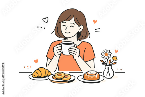 Intimate brunch scene. Mother smiling while holding a cup of coffee with pastries and small flower vase on table, relaxed and heartfelt atmosphere. Modern