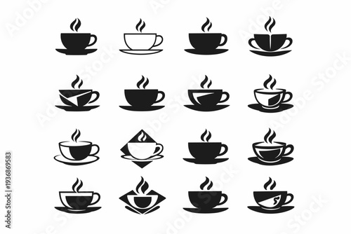 Hot beverages (tea, coffee, cocoa). Icon set. Set Logo of hot beverages: teacup with saucer. harmonious logo variations of the same emblematic concept, each