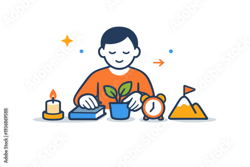 Intentional living focused on mindful daily choices as a calm person arranges a few meaningful objects, expressing clarity, purpose, and conscious direction.