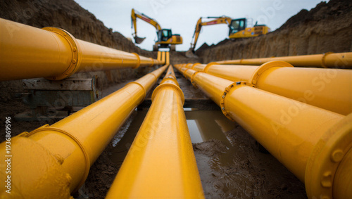 Bilde på lerret Yellow pipelines laid in a muddy trench with excavators in the background, highlighting infrastructure development