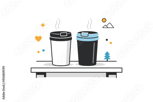 Thermos cups outdoors together. Two thermos cups placed side by side on a bench or step, no people present. Shared warmth suggesting quiet companionship.