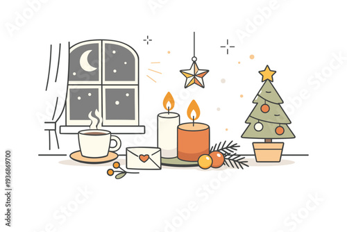 Holiday warmth. A peaceful evening scene with soft lighting, candles, and simple holiday details near a window. Quiet feeling of rest, reflection, and gentle