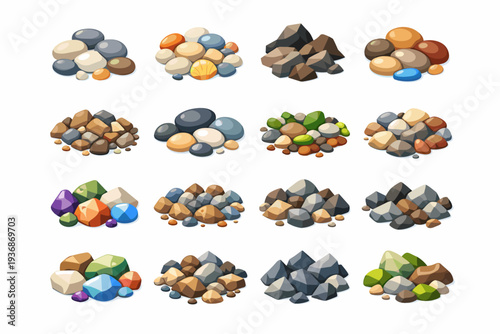 Natural gravel. Colorful flat vector icons set of natural gravel: river pebbles, beach gravel stones, mountain rock fragments, stream bed stones, natural
