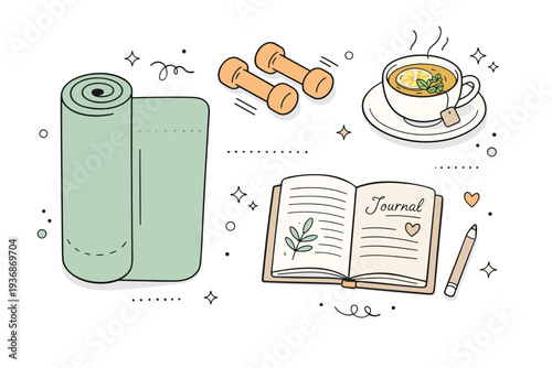 Indoor wellness flat lay. Overhead layout of yoga mat, small weights, herbal tea, and journal placed neatly on clean surface. Friendly and organized editorial
