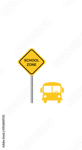 A yellow diamond-shaped SCHOOL ZONE sign on a grey pole is placed next to a yellow silhouette of a school bus.