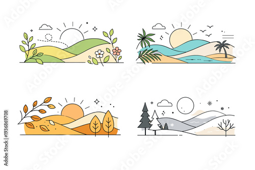 Seasonal nature backgrounds. Modern abstract composition inspired by landscapes across seasons, with layered hills, leaves, and sun shapes simplified into calm