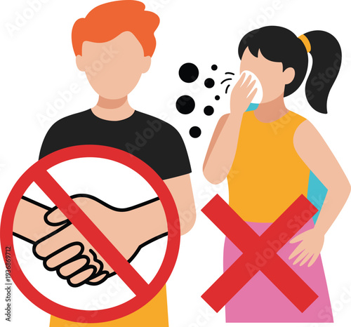 Flat vector illustration showing no handshaking sign and woman sneezing for social distancing disease prevention virus protection and public health safety guidelines concepts.