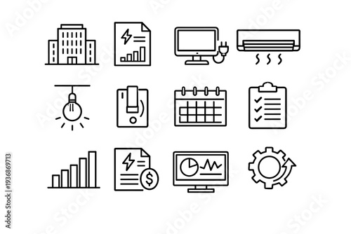 Office energy audit routine. Line icon set of Office energy audit routine: office building outline, energy report document, computer power usage, air