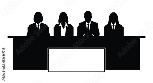 A silhouette of four professionals seated behind a table with a blank rectangular space high quality
