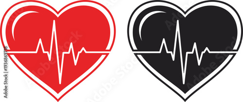 Red and black heart pulse icons with heartbeat line for medical healthcare cardiology diagnostic hospital fitness app and emergency health monitoring vector.