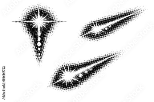 Halftone dotted beam flare background, a single beam-style light flare object represented in straight-on view, angled side view, and three-quarter dynamic view