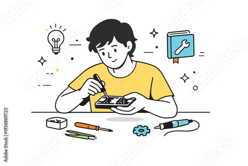 Right to repair concept. A person calmly fixing a small electronic device with simple tools, emphasizing independence and empowerment. Clean editorial scene