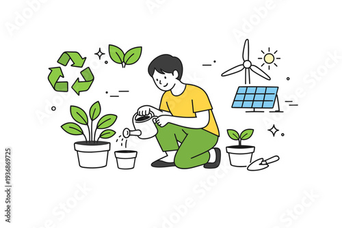 Eco friendly. Calm editorial scene of a person caring for plants with simple icons of recycling, leaves, and clean energy nearby. The mood suggests