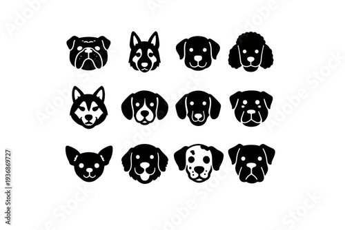 Dog Breeds. Solid icon set of Dog Breeds: bulldog head, german shepherd head, labrador head, poodle head, husky head, beagle head, dachshund head, rottweiler
