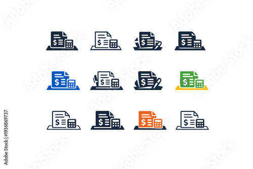 Bank statement on desk. Icon set. Set Logo of Bank statement on desk: document with financial lines. harmonious logo variations of the same emblematic concept,