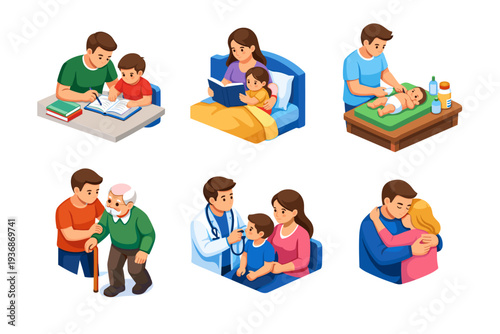 Family care. Isometric flat vector icons set of family care: parent helping child study, bedtime story reading, baby care changing table, elderly care support