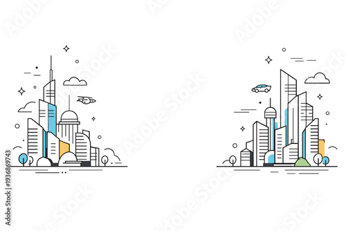 Futuristic cityscapes. Editorial future city background with minimal skyscraper silhouettes and empty central space for text. Clean professional look suitable