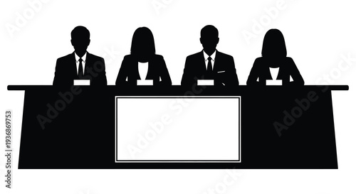 A black silhouette illustration depicting four judges seated behind a long table with a blank screen