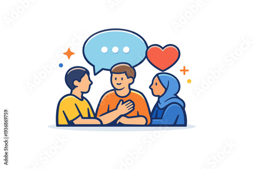 Community care supporting mental and emotional health illustrated by calm figures gathered around a speech bubble and heart icon, suggesting listening,