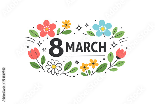 March floral designs. Flat floral pattern inspired by spring gardens, rounded petals and leaves arranged rhythmically, joyful yet calm decorative mood.