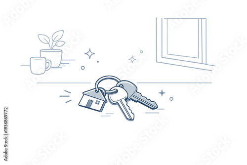 Keys on tables. Table scene near a window with light casting over a set of house or office keys. Quiet ambient moment suggesting routine or memory. Minimalist