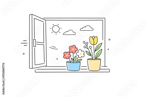 Flowers near windows in the morning. Flowers rest close to an open window, light air and brightness suggested by simple shapes. Fresh start of the day and