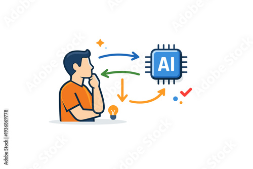 AI assisted decision making centered on a human figure calmly consulting a simple AI chip icon with guiding arrows, expressing collaboration, clarity and