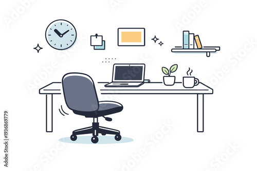 Empty rooms with presence. An unoccupied workspace with a chair pulled back slightly from the desk. Quiet visual cue suggesting interruption, pause, or return.