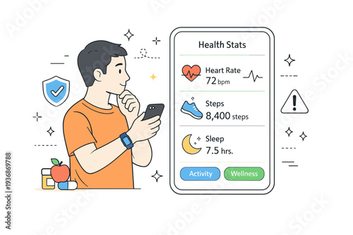 Health data monitoring. A patient checks wearable health metrics displayed in a simple app interface. The scene highlights prevention, awareness, and personal