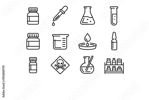 Reagent. Line icon set of Reagent: laboratory reagent bottle, dropper pipette, chemical flask with liquid, test tube reagent, labeled chemical jar, measuring