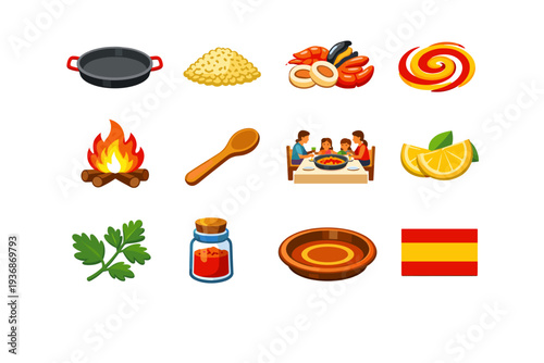 Traditional Paella. Colorful flat vector icons set of Traditional Paella: wide paella pan, rice base, mixed seafood, saffron color swirl, open flame, wooden