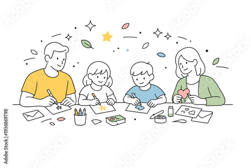 family card writing moment. A family sitting around a table writing and decorating spring cards together, abstract stars and petals floating between them