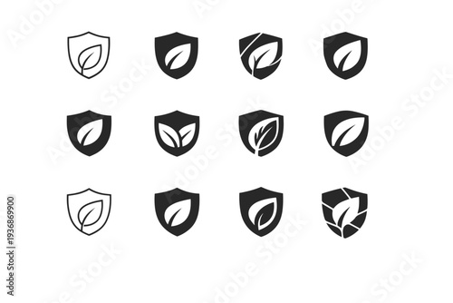 Conservation projects. Icon set. Set Logo of Conservation projects: leaf and shield. harmonious logo variations of the same emblematic concept, each with